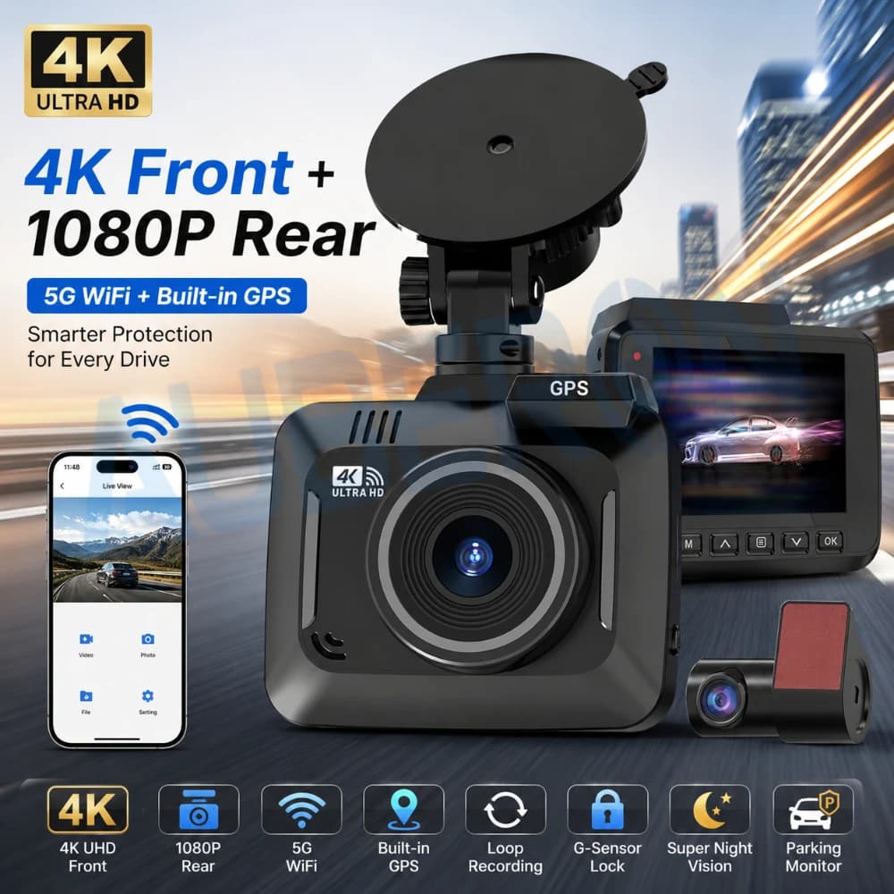 4K Dash Cam Front Rear Camera 5G WiFi GPS Car DVR Recorder with Night Vision Parking Monitor Loop Recording G-Sensor APP Control