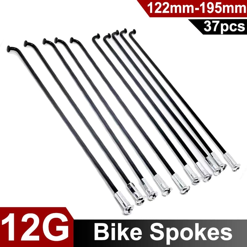 Set di 37 Raggi per Bicicletta a Forma di J in Acciaio Nero, Diametro 12G 2,5mm, per Ruote MTB, Lunghezza 122-195mm con Nippli, Componenti per Bici