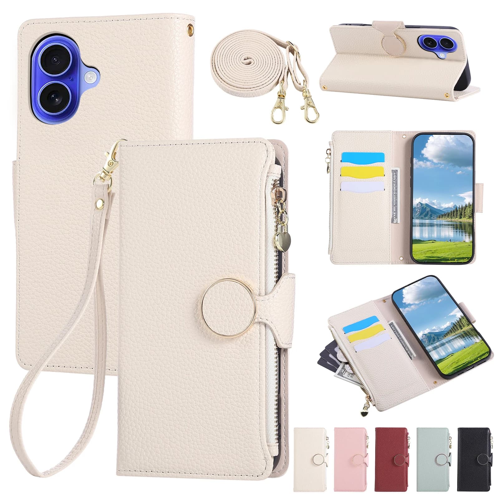 Porta carte con cerniera a tracolla Custodia a libro in pelle per iPhone 16 Pro Max 15 Plus 14 13 12 17 16E XS Custodia con cordino lungo