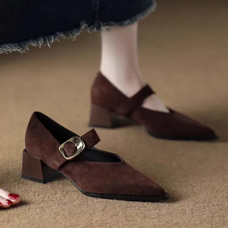 2025 Autumn Deer hide velvet Mary Jane shoes - Single French retro shoes with low toe and high heel with belt buckle