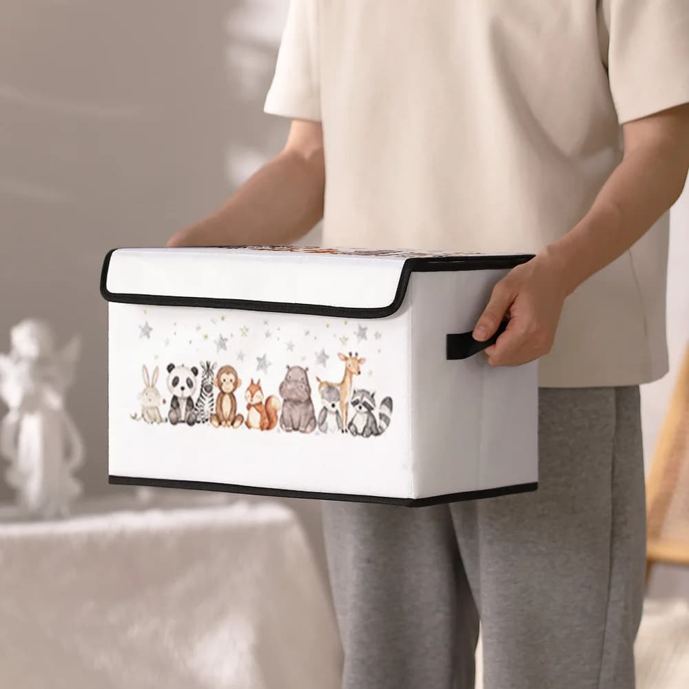 Watercolor Woodland Animal Print Foldable Storage Box With Lid Handle Kids Toy Clothes Organizer