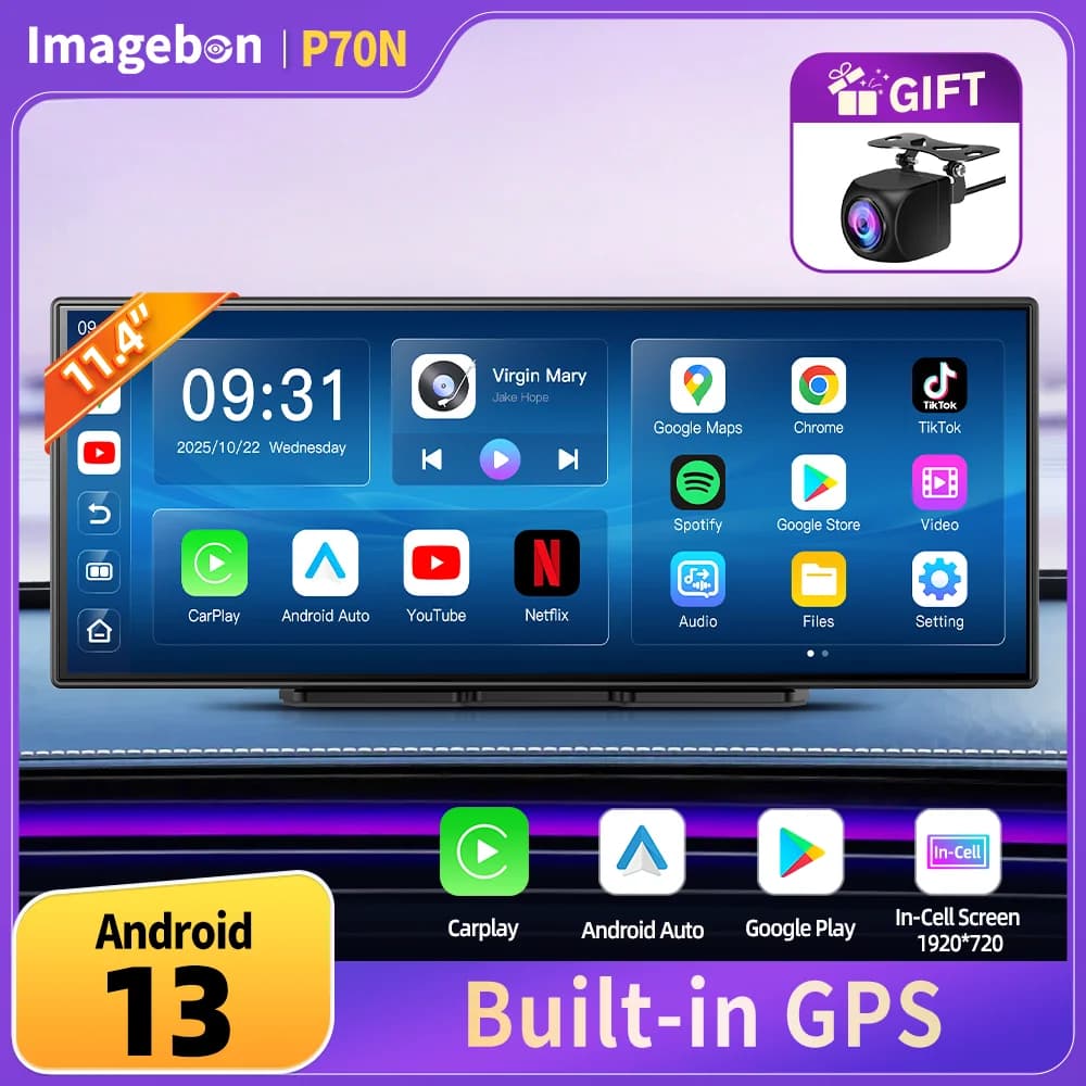 Imagebon P70N with integrated GPS, 11.4" Smart Screen with New User Interface, Dash Cam Wireless with Carplay and Android Auto, DVR Recorder for Auto with YouTube