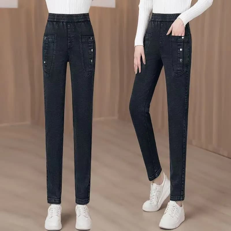 Jeans Casual a Vita Alta Elasticizzati da Donna, Nuovo Stile Autunnale, Modellanti, Anti-Invecchiamento, Versatili, Pantaloni Lunghi Larghi Stile Harlan
