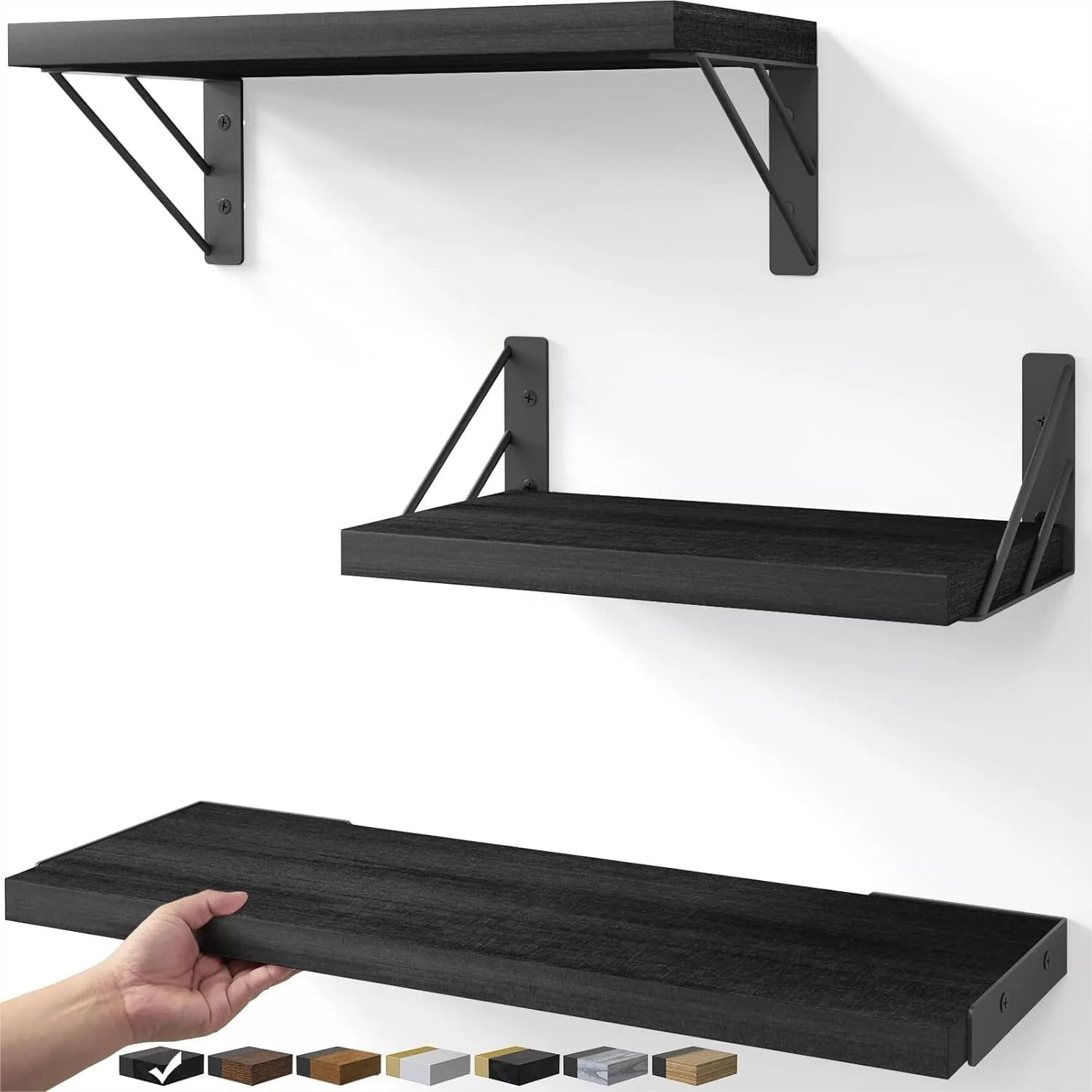 Set di 3 Mensole Galleggianti da Parete, Scaffali in Legno per Libri e Decorazioni, Organizzatore Salvaspazio Nero