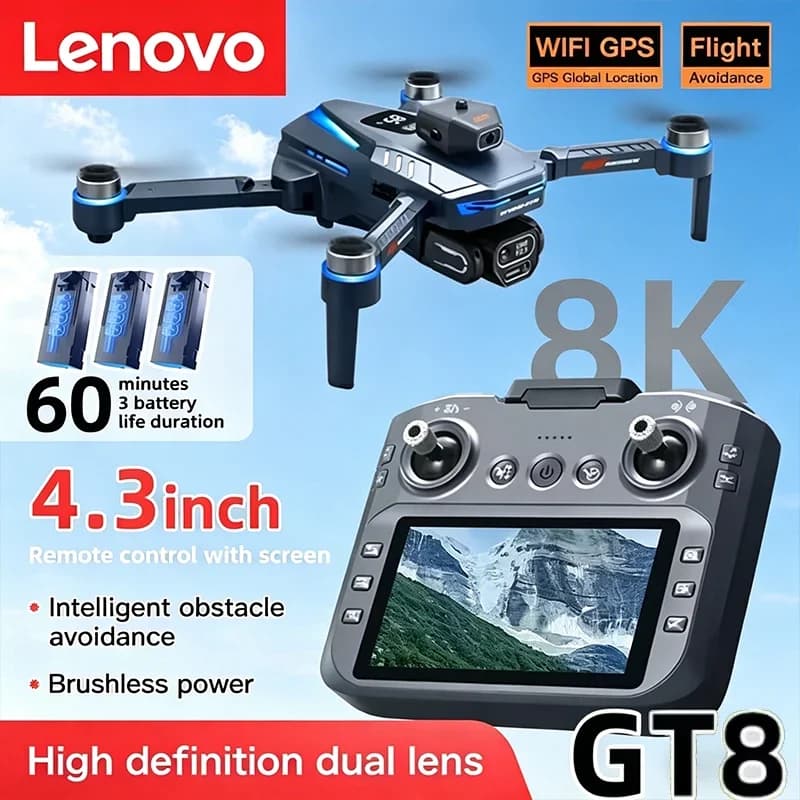 Drone Professionale Lenovo GT8 8K con Doppia Fotocamera GPS FPV, Motore Brushless, Flusso Ottico, Quadricottero RC 4K per Adulti