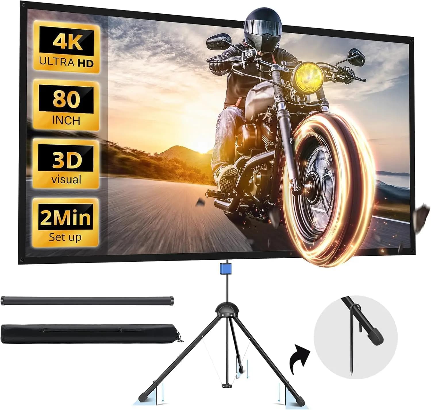 Schermo per Proiettore Portatile da 80 Pollici con Supporto, Schermo Cinematografico 4K HD 16:9 in PVC per Home Theater Esterno, Include Borsa per il Trasporto e Supporto da Terra