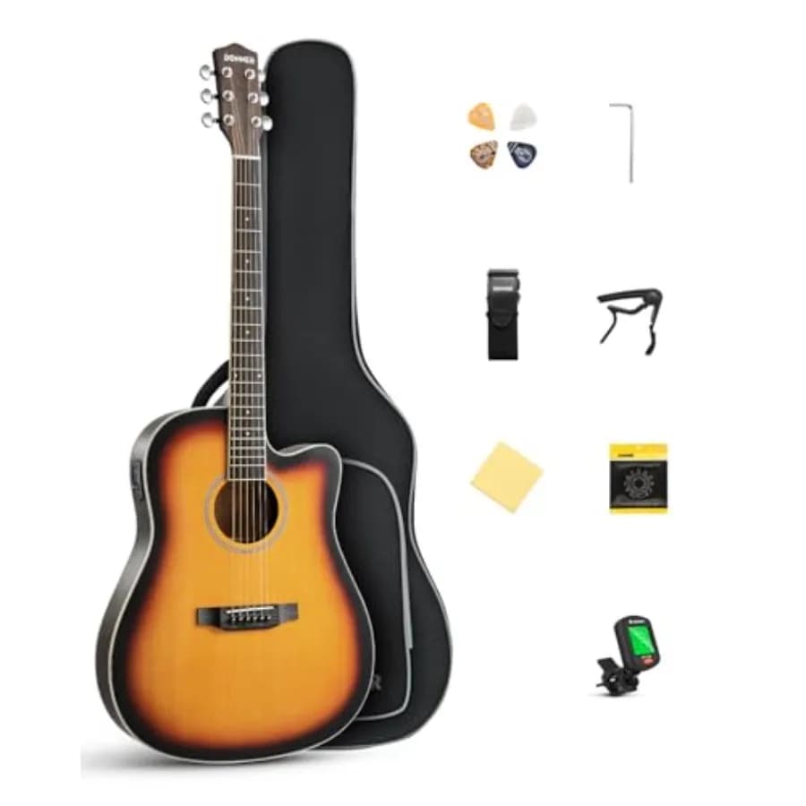 Kit Chitarra Acustica Elettrica 41 Pollici per Principianti, Dimensione Standard con Capotasto, Plettri, Accordatore, Corde, Tracolla, Finitura Sunburst