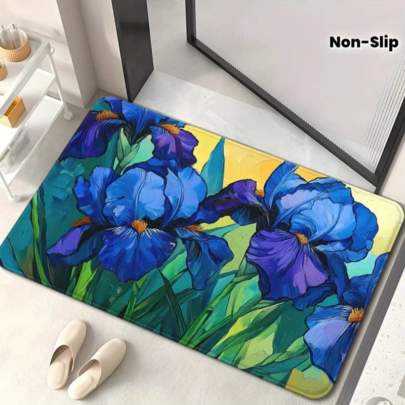 Tappetino da Bagno VIKAMA con Dipinto a Olio di Iris Blu, Antiscivolo e Assorbente, Lavabile, Tappeto Floreale per Bagno e Casa
