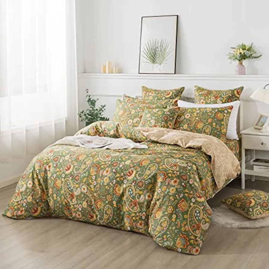 Paisley Duvet Cover Set Bohemian Damask Paisley Bedding Luxurious Green Boho Paisley Comforter Cover Set 100% Cotton Soft Quilt