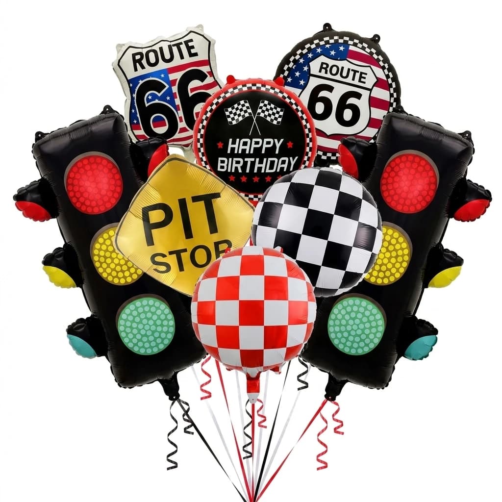 Race Car Party Foil Balloons Set of 8, Route 66 Theme, Traffic Light, Checkered Flag, for Race Car Birthday, Road Trip Party