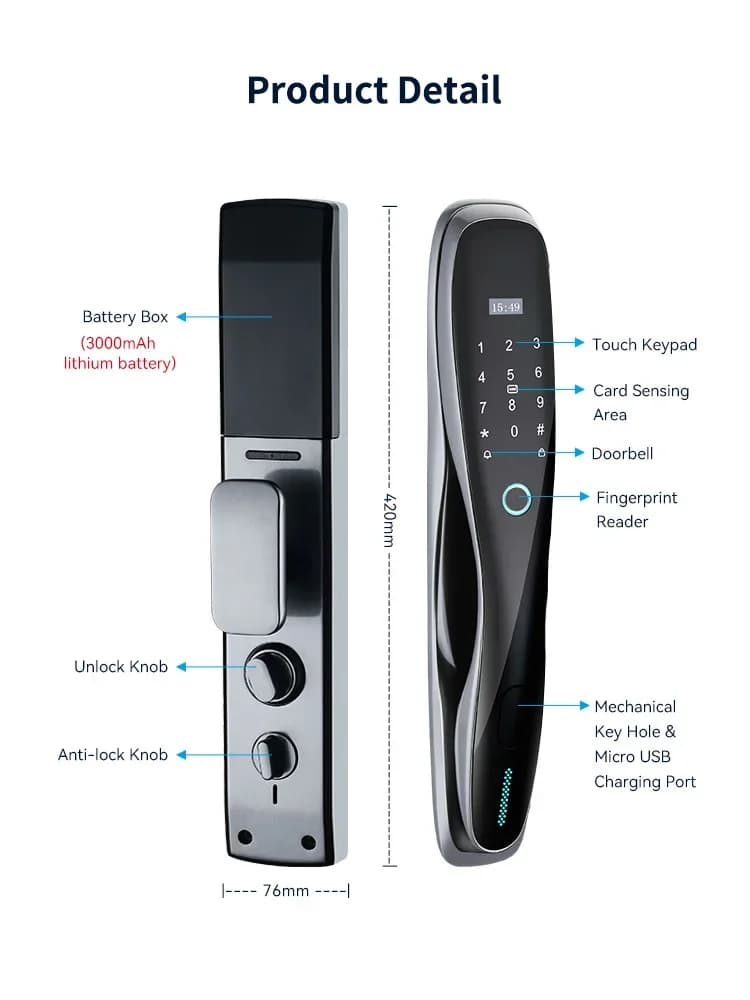 Smart Home Electric Digital Door Lock - Front Door Fingerprint RFID Wifi Remote Control via Smartphone Tuya Biohacker Compatible