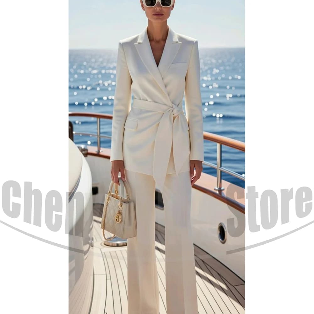 Women White Elegant 2 Piece Pants Suit With Belt Blazer and Trousers Set Office Business Work Wedding Party Formal Lady Outfit