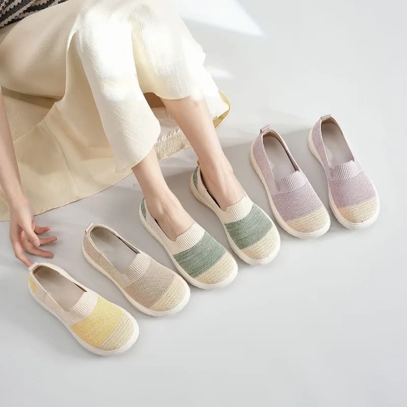 Women Slip‑on Color‑Spliced Knit Loafers Lightweight Non‑Slip Rubber Sole Breathable Flat Casual Mother Shoes