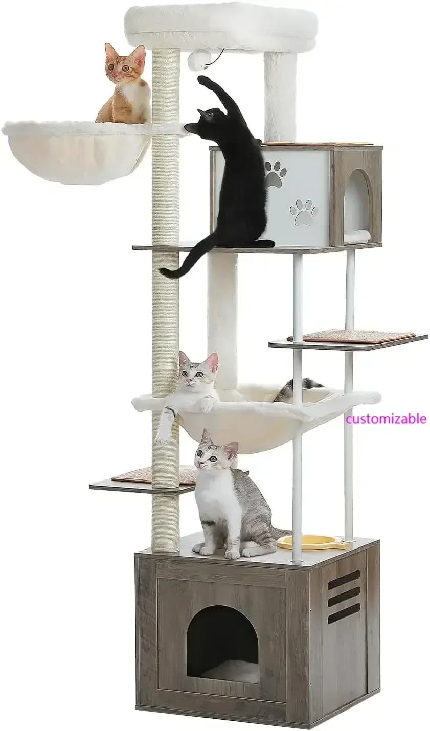 Grande Albero per Gatti con Stazione per Cibo, Torre per Gatti in Legno Alta 190 cm con Cuccette Extra Large e Amache