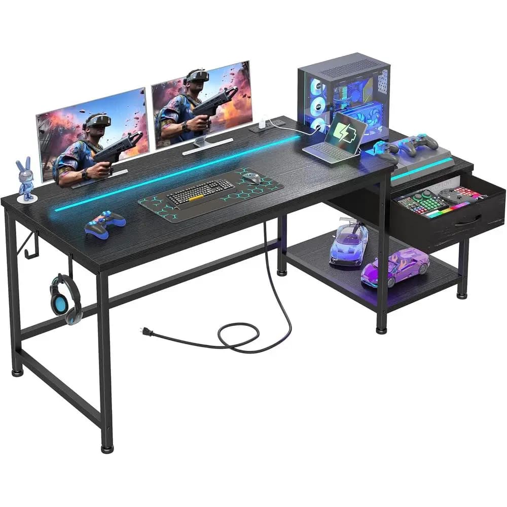 Scrivania da Gaming LED da 56 Pollici con Cassetti, Prese di Corrente e Ganci Portaoggetti per Studio o Ufficio Domestico