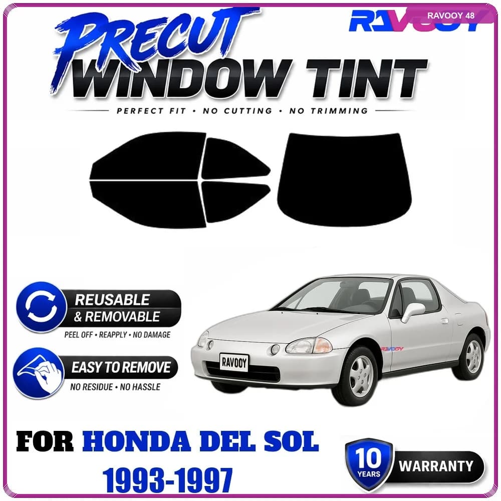 RAVOOY Precut Window Tint, Reusable Removable EPU Film, Custom Fit for Honda Del Sol 1993-1997, UV Heat Protection