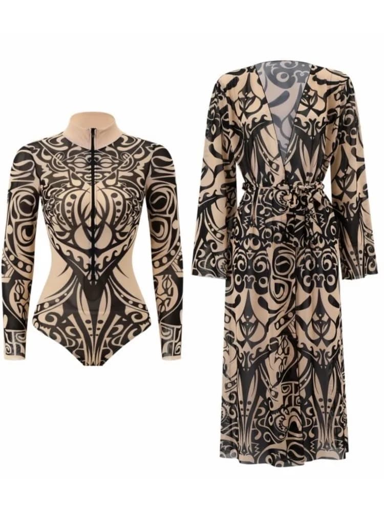 Retro Bikini Printed Fashion Two Piece Swimsuit And Cover Up With Kimono Tight Women's Bandage Summer Beach Luxury Elegant