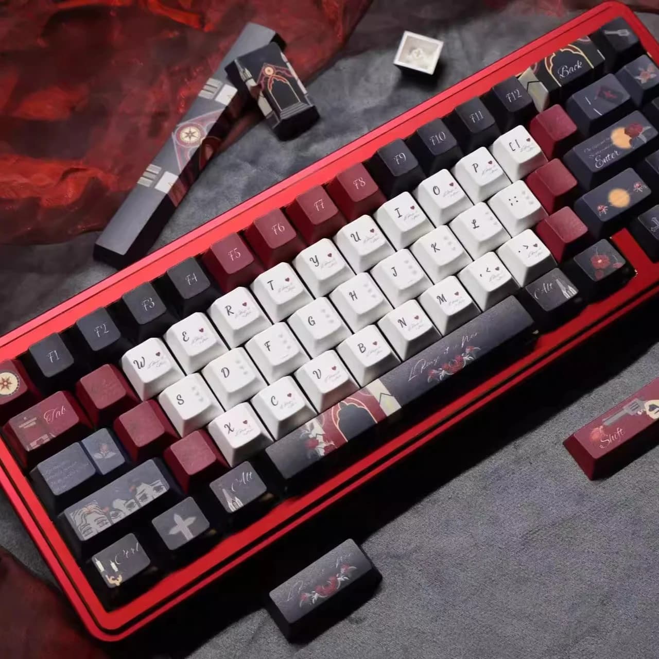 PBT Cherry Profile Black and Red Rock Theme Cover Sets Custom Handmade Original Covers for Mechanical Keyboard Accessories