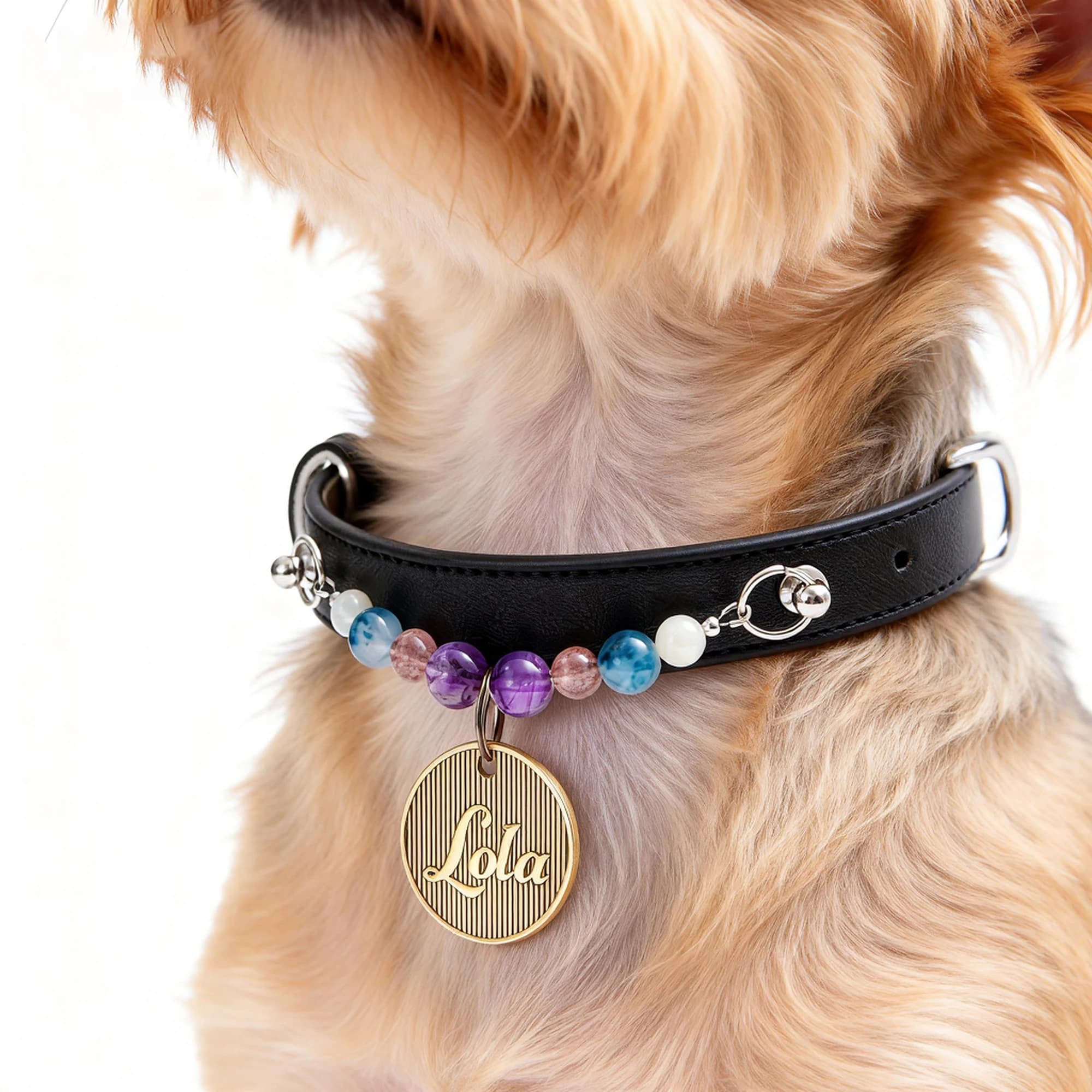 Custom Beaded Dog Collar with Engraved Name Tag, Adjustable PU Leather Pet Collar Personalized ID Nameplate for Medium Large Dog