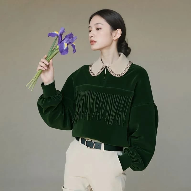 Women's New Stitched Pullover Doll Collar Fashion Solid Color Loose Versatile Casual Long Sleeve Sweatshirts