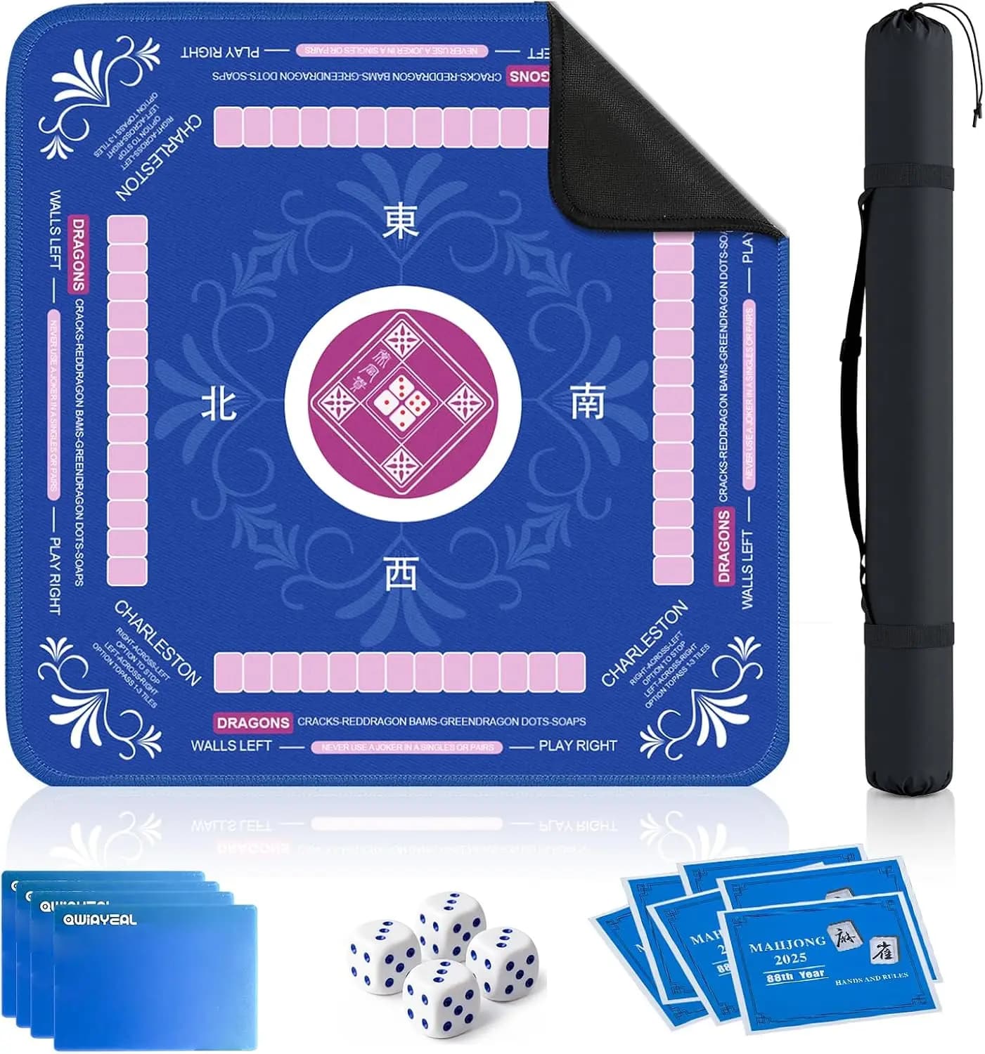 Non-Slip Mahjong Mat 33" with Instructions, Tile Mixers, Dice & Bag for Travel