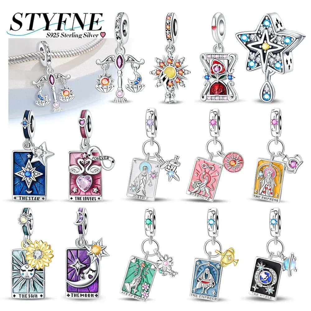 Squisito argento 925 stella sole luna fortunato divinazione tarocchi carte ciondoli perline adatti braccialetti originali collana gioielli fai da te regalo