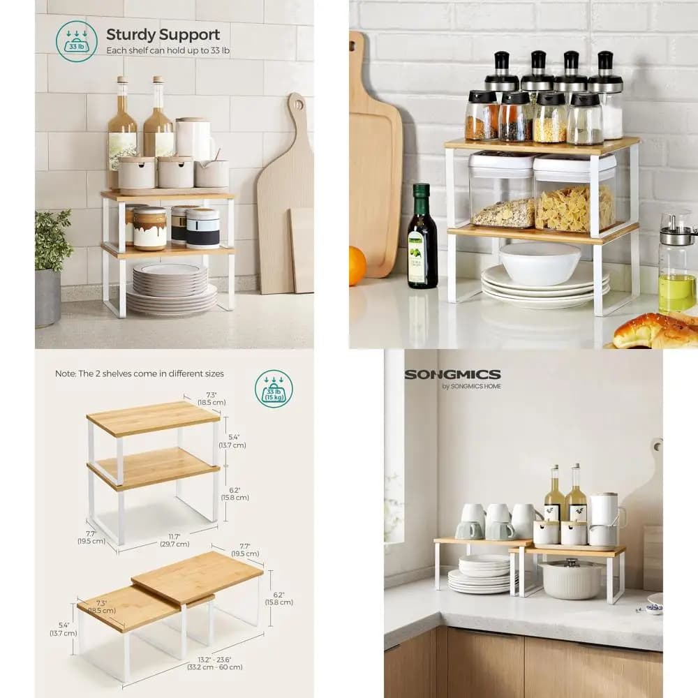 Set di 4 Organizzatori per Piano Cucina, Scaffali Impilabili in Metallo e Legno, Contenitori Espandibili, Portaspezie, Bianco Nuvola e Beige Naturale