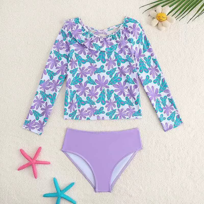 Printed swimsuit for girls 2026 high waist and long sleeves, for girls and girls, for swimming and beach
