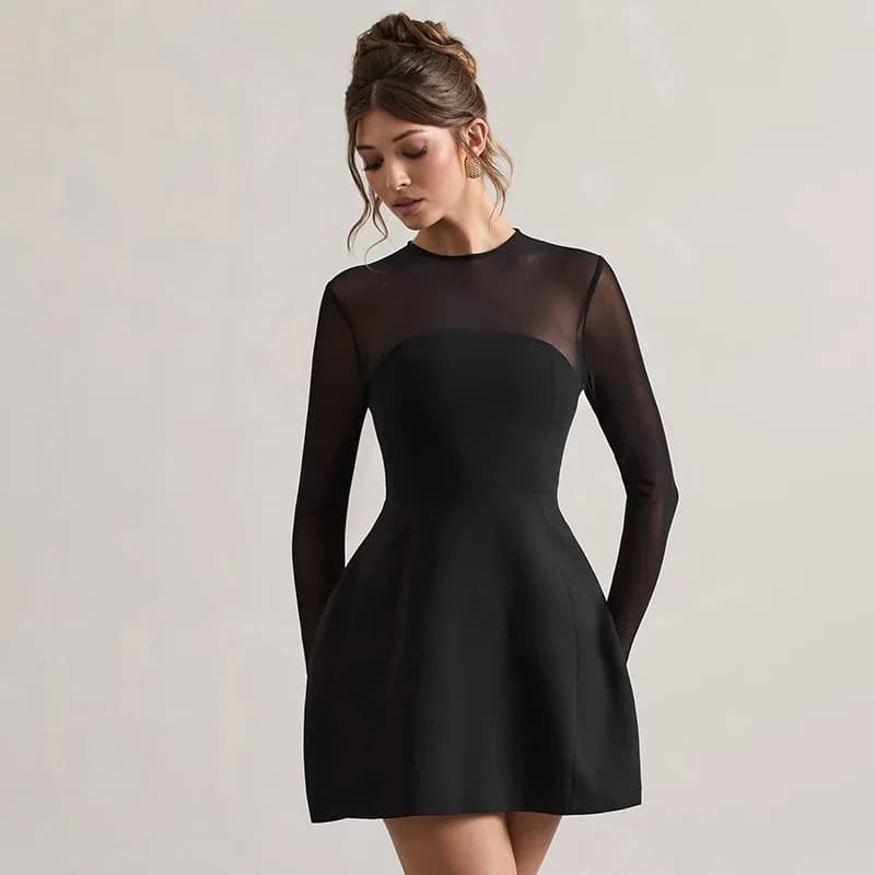 Sexy Mesh Splice Slim Fit Long Sleeve round Neck Short Dress Women's Gown Pure Color Autumn New Style Cross Border High Waist...
