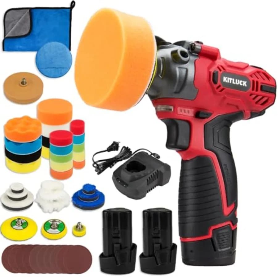 Lucidatrice Rotorbitale a Batteria 12V, Mini Lucidatrice e Levigatrice con 2 Batterie da 2.5Ah e Caricabatterie, Piastra di Supporto da 1/2/3 Pollici, 40 Pezzi per Lucidatura