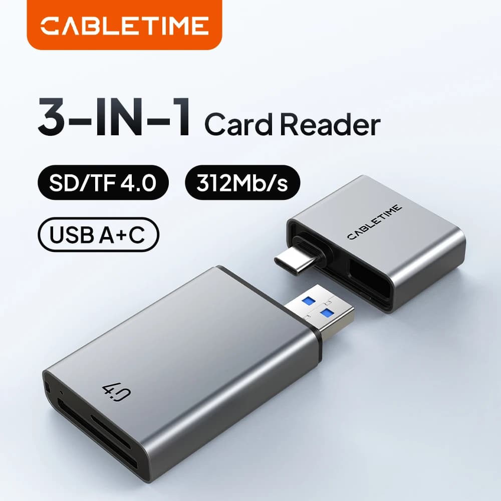 CABLETIME Lettore di schede 3 IN 1 USB 4.0 5 Gbps USB A e USB C 312 MB/s Schede SD/TF in lega di alluminio Portatile per iPhone iPad
