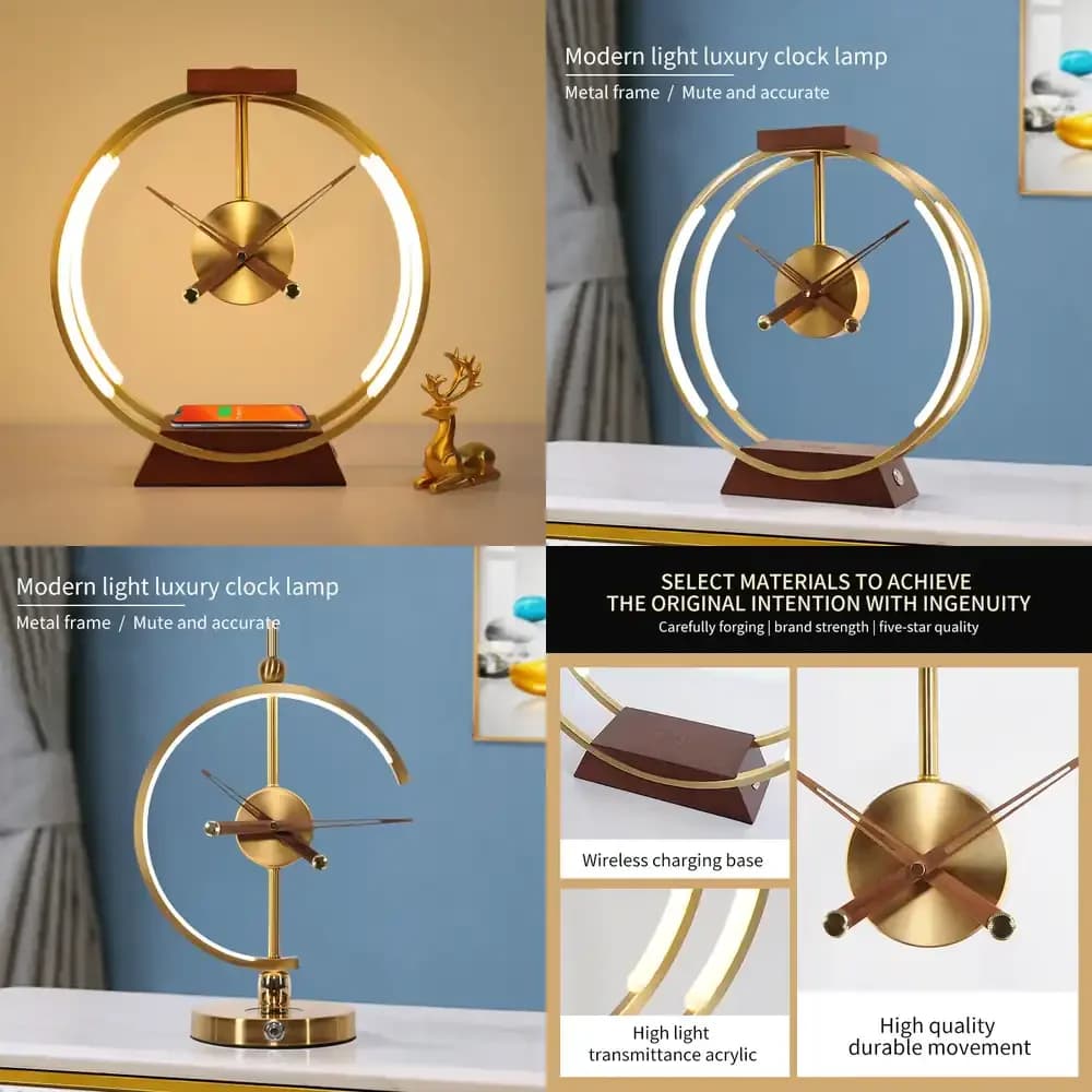 Lampada da Tavolo Dimmerabile con Orologio e Base in Legno Moderna, con Caricatore Wireless Veloce, per Dropshipping e Vendita all'Ingrosso