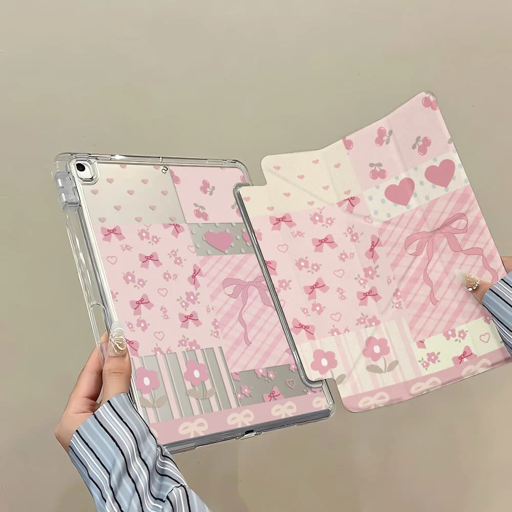 Y-Fold Edge High Clarity Tablet Case for Apple iPad Pro 11 2021/2022 mini 6 8.3 inches with Pencil Holder Pink Patchwork Cherry