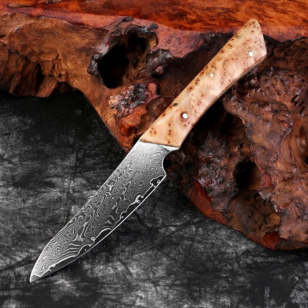 3.5 inch peeling knife, Japanese fruit knife VG10 in Damascus steel, small kitchen knife, full Tang peeling knife with wooden handle