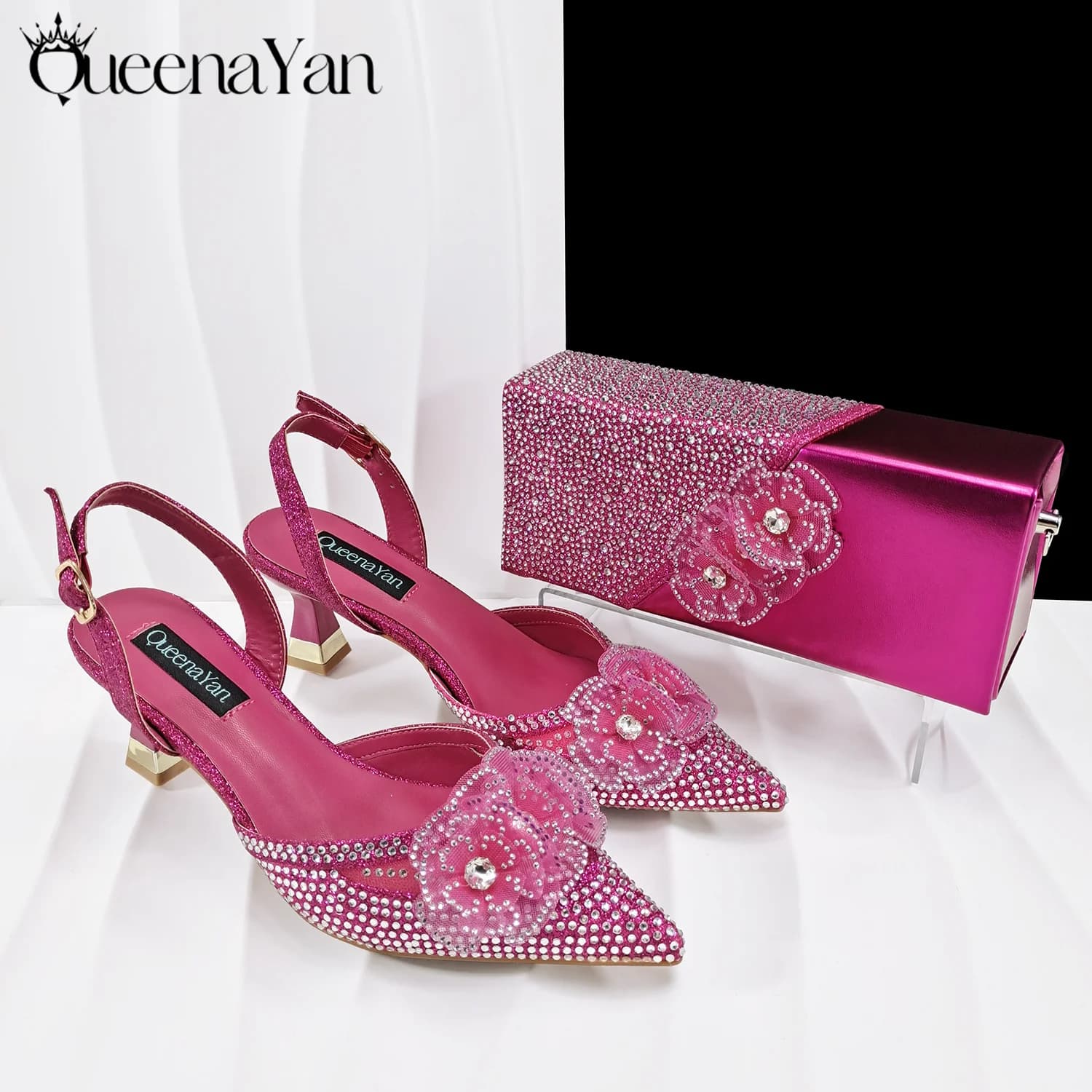 Scarpe e borsa QueenaYan color fucsia, eleganti borse e scarpe con tacco medio, bellissimi fiori fatti a mano per feste di matrimonio