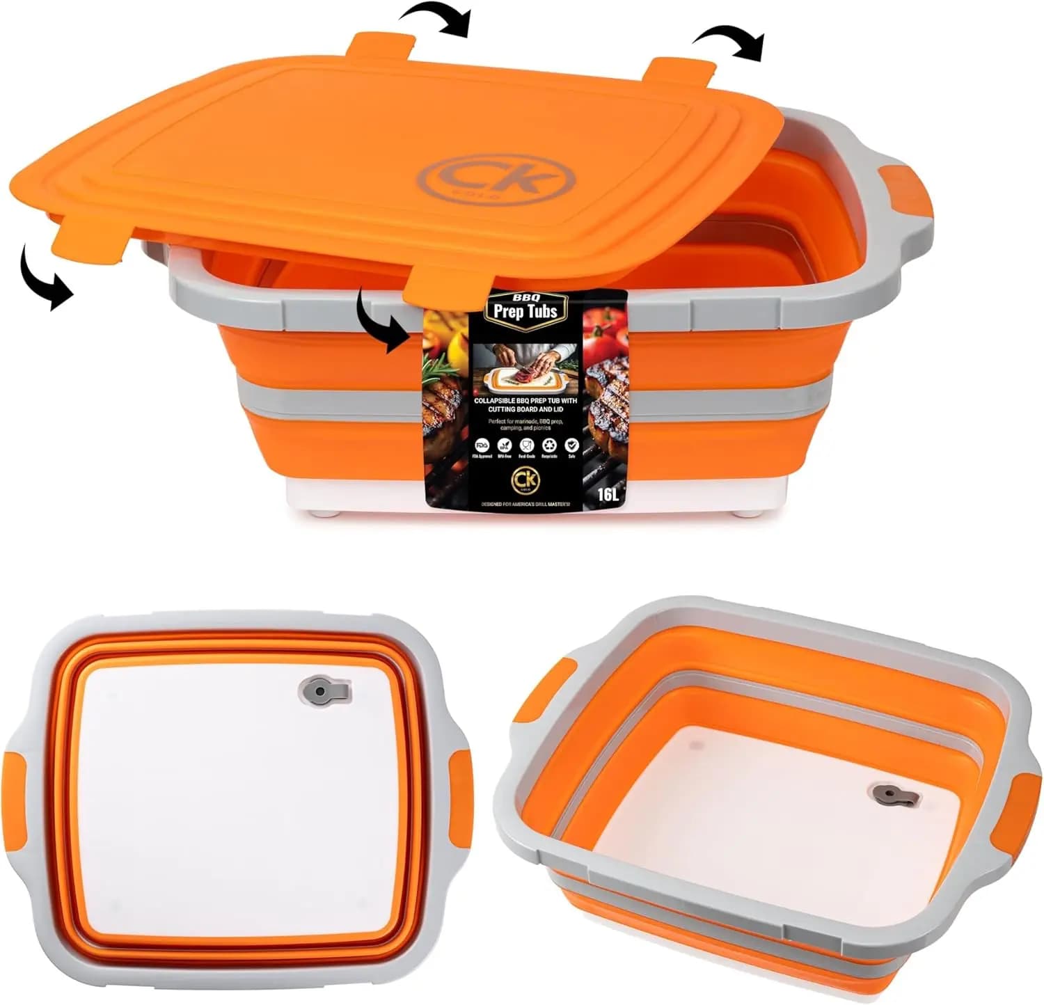 Large folding tub for barbecue preparation with lockable cover, cutter and unloading - Without BPA, for food use, 16 liters orange