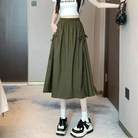 High Waist Drawstring Workwear Skirt Women's Summer A-Line Skirts Conceal Hip Slimming Midi Length Umbrella Skirts
