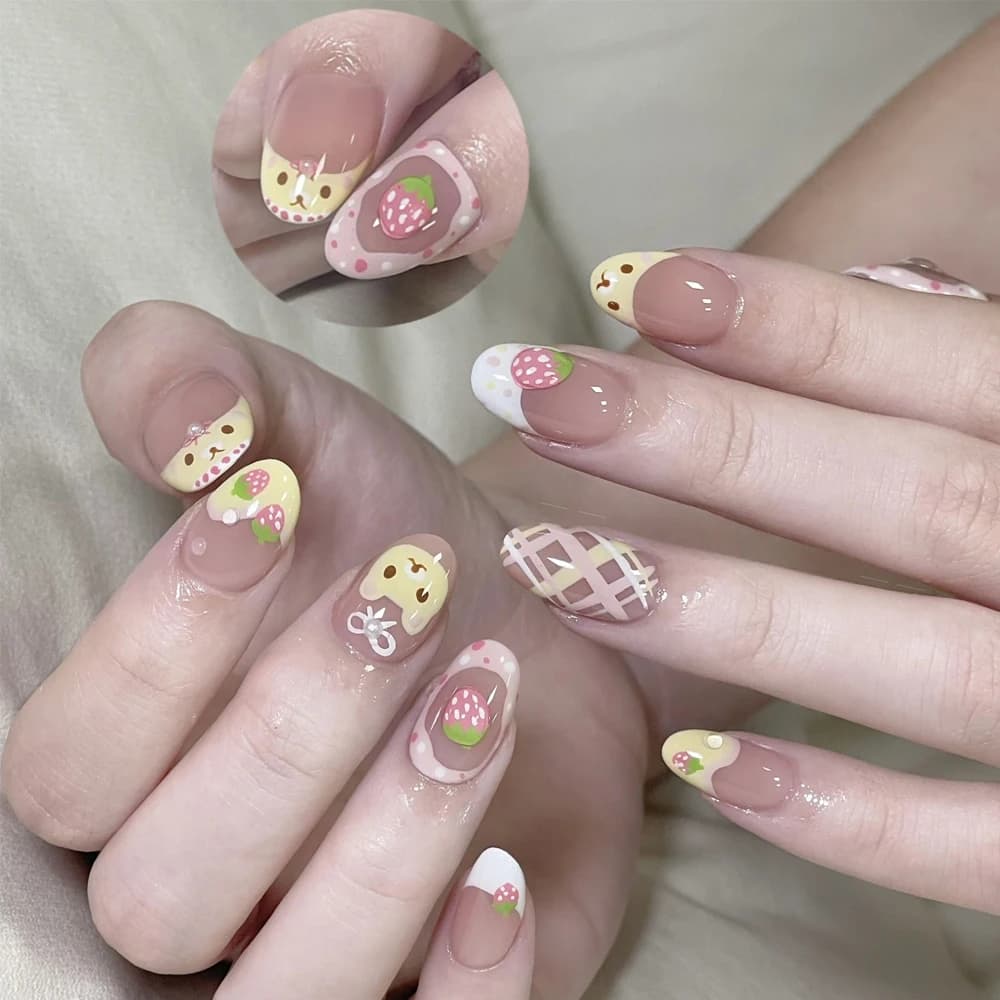 10Pcs Almond Press On Nails With Pink Strawberry Bear Design False Nails Cute Full Cover Sweet Girl Wearable Nail Tips
