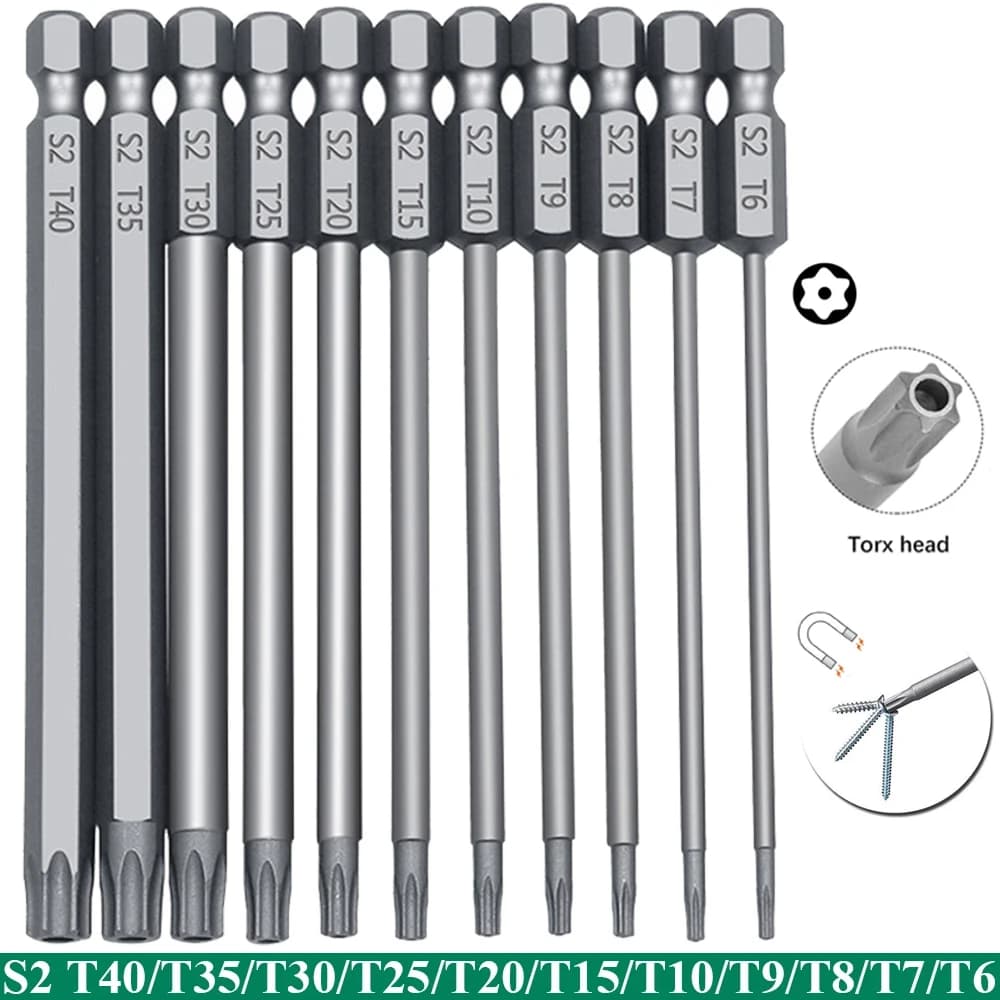 11-piece Torx Safety Tips Set Stainless Steel Magnetic Safety Screwdrivers Set S2 50/100mm Star Screwdriver Set for Shark Vacuum T6-T40