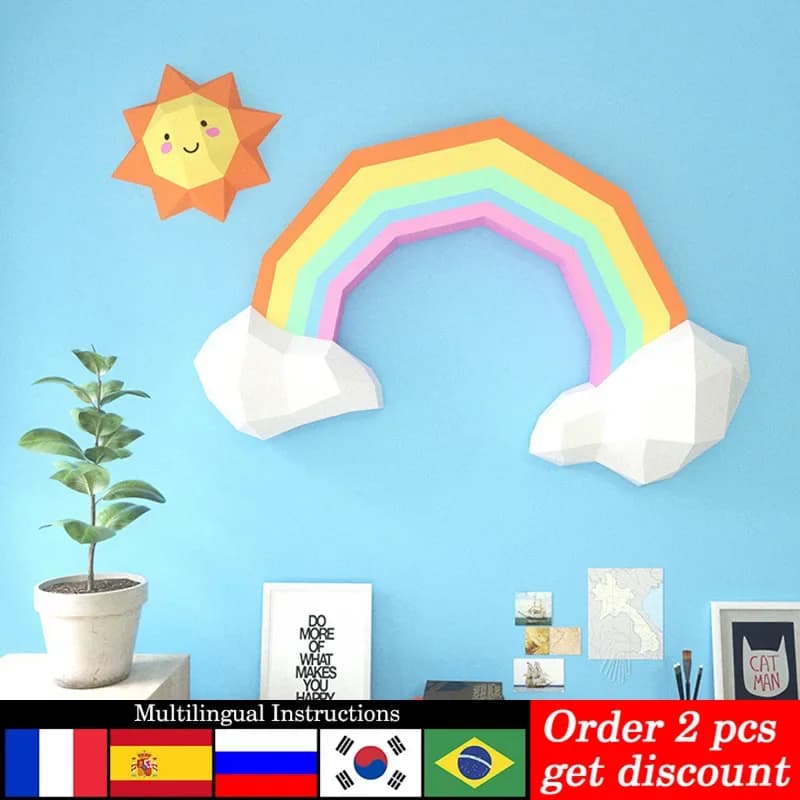 Sun Rainbow Clouds Wall Decor Home Art Decoration Paper Model,Low Poly 3D Papercraft,Handmade DIY Origami Adult Craft RTY218