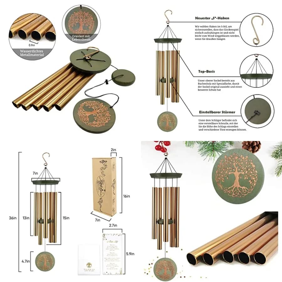 Wind Chimes for Outside, Outdoor Wind Chimes for Mother Grandma - Large Garden Hanging Decor with Tree of Life Engraving, Perfe