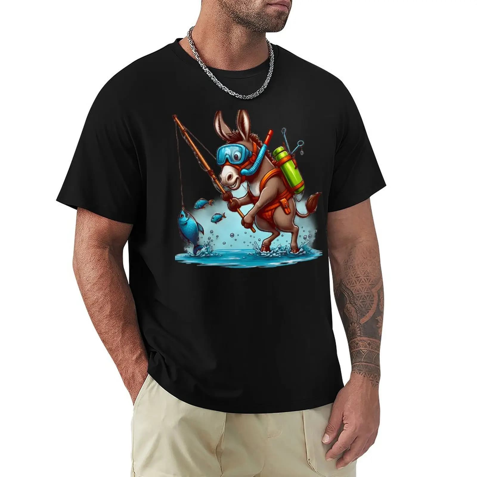 Whimsical Donkey Adventures: Snorkeling and Fishing T-Shirt Casual Loose Short Sleeve Tee for Men