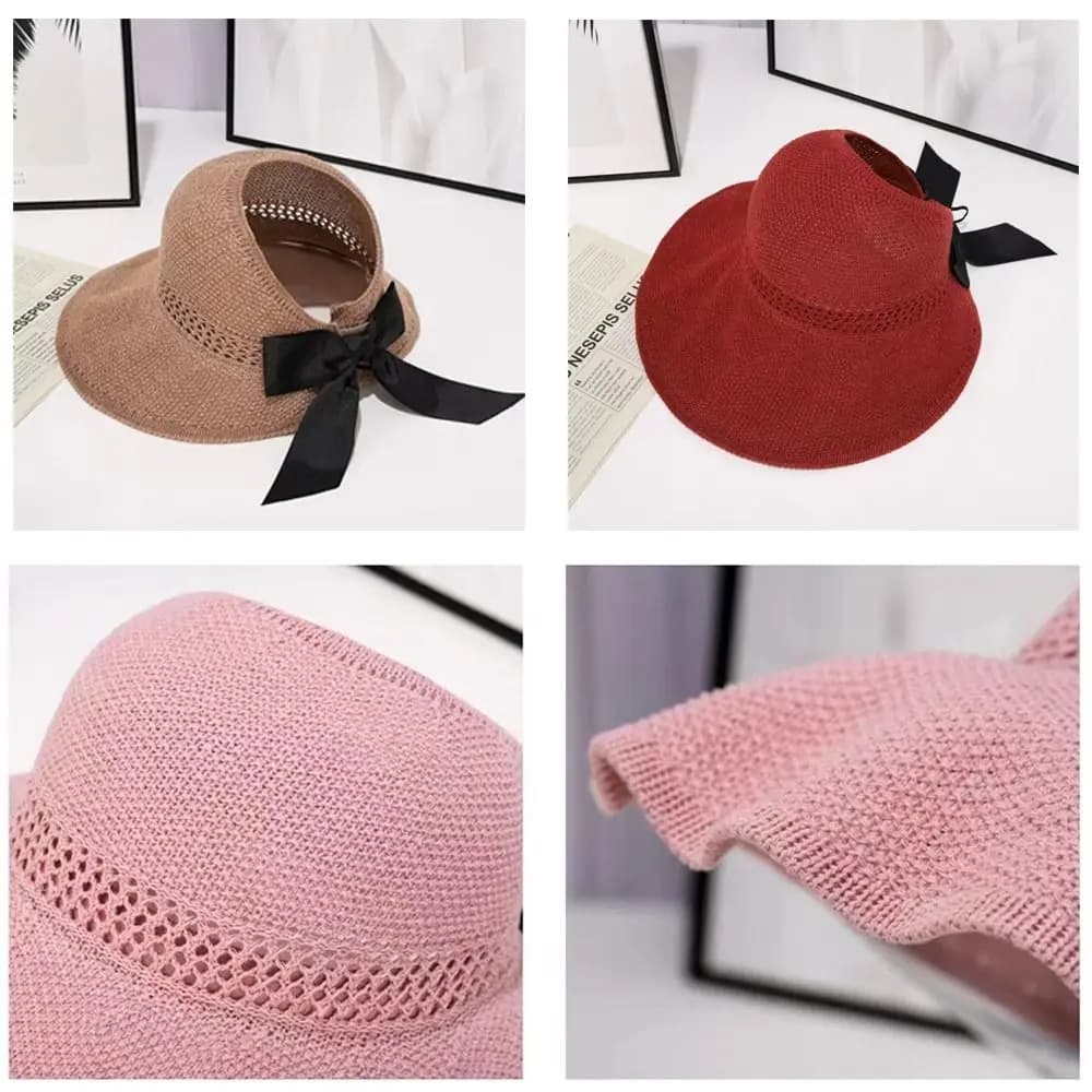 New Wide Brim Sun Hats UV Protection Ponytail Crochet Hat Visor Scallop Cap Summer