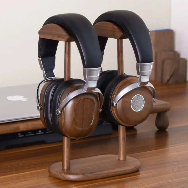 Supporto per Cuffie Doppio in Noce, Porta Cuffie in Legno Massello per Due Dispositivi, Organizzatore da Scrivania e Espositore per Gaming, Studio e Casa