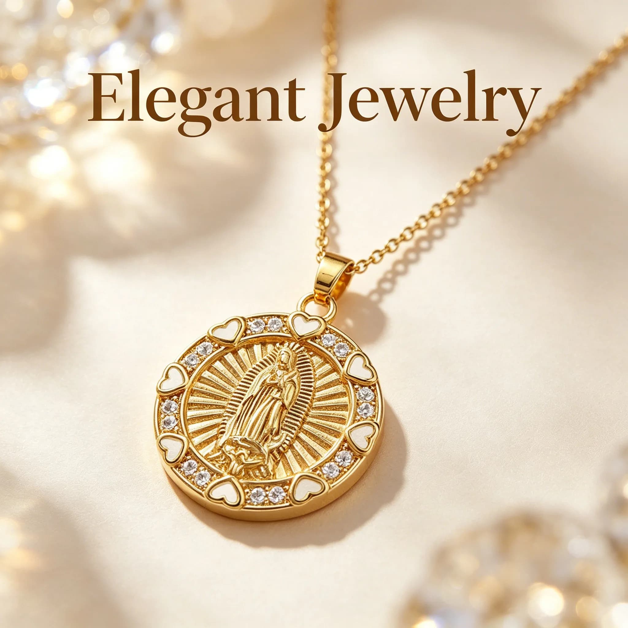 Heart Border Virgin Mary Round Pendant Necklace, White Sparkling Accents Elegant Religious Jewelry Gift for Women