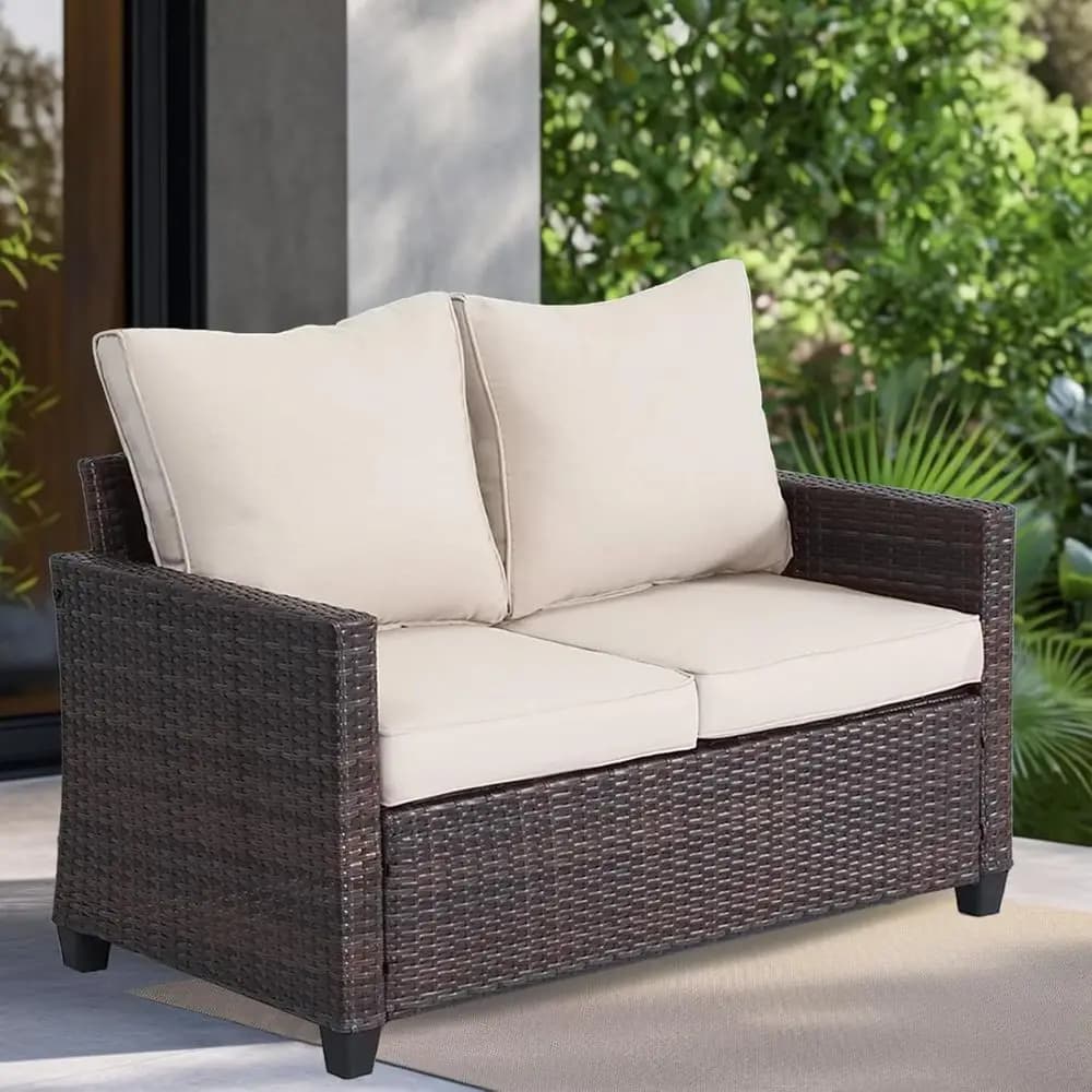 Divanetto in vimini per 2 persone resistente alle intemperie con cuscini per spazi all'aperto - Beige