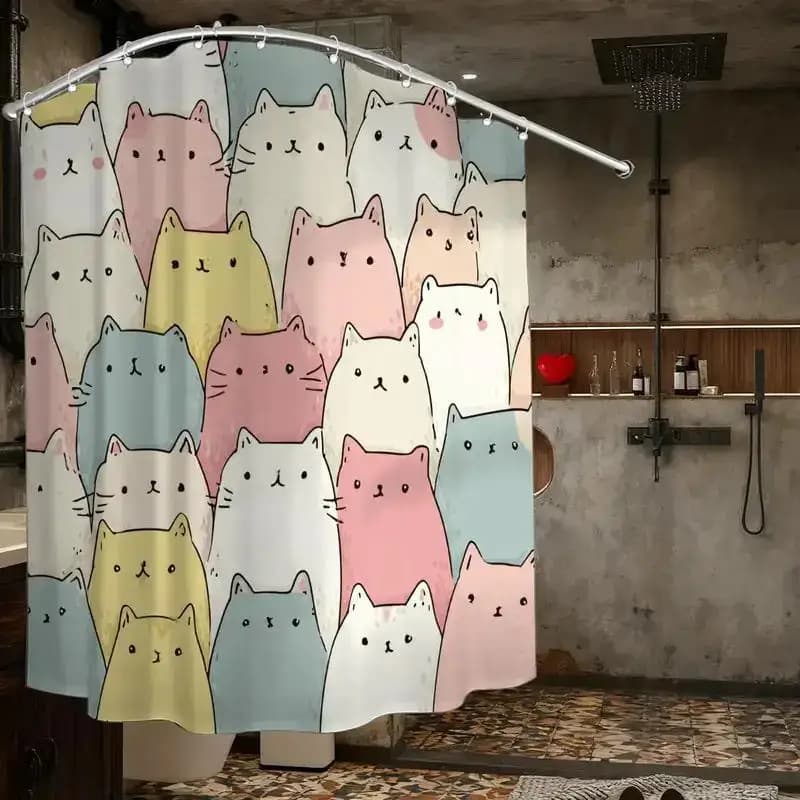 Tenda da doccia con motivo gatto Kawaii – Gatti dei cartoni animati dai colori pastello, 12 ganci, 70,87×70,87 pollici, decorazione da bagno impermeabile per bambini e adulti