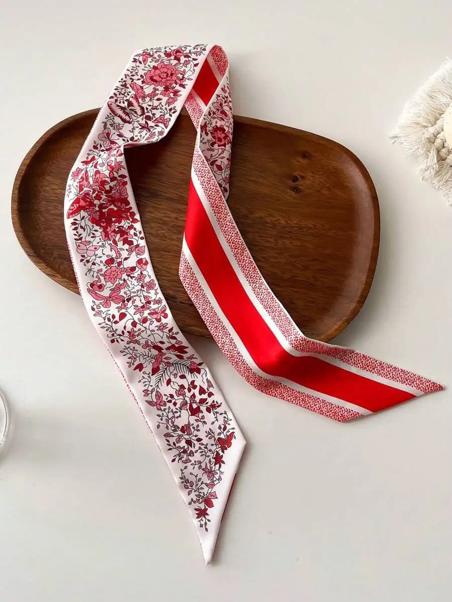 1pc Flower Printed Satin Skinny Scarf For Women, Stylish Hairband Or Bag Decoration Head Neck Tie Bandana Christmas