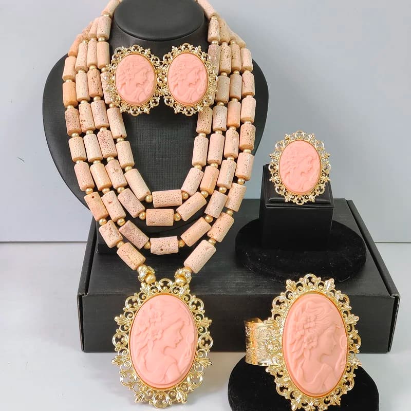 Collana da sposa con perline di corallo africane, set di gioielli nigeriani per donna
