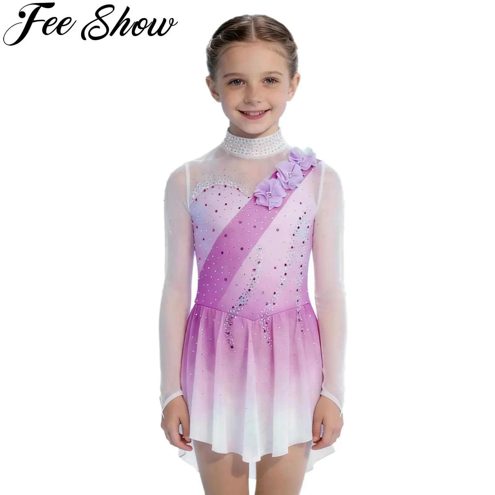 Costume da bambina per bambina, pattinaggio di figura, danza, ginnastica ritmica, costume da performance, maniche lunghe, fiori, strass, body da balletto